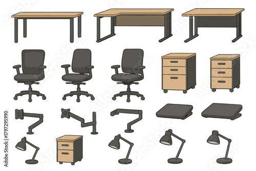 Collection of modern furniture and accessories including desks, ergonomic chairs, and cabinets