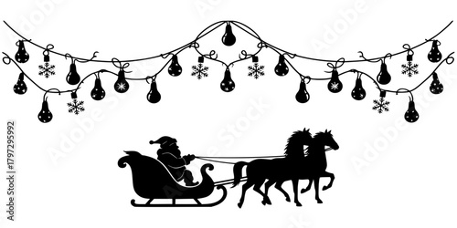 Stylized Santa Sleigh and Reindeer Black Silhouette
