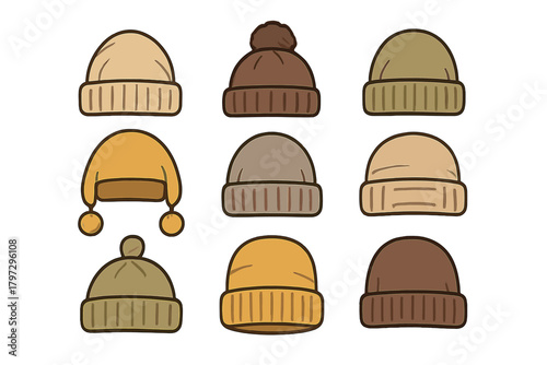 Nine different styles of cozy knitted winter headwear accessories in warm neutral colors