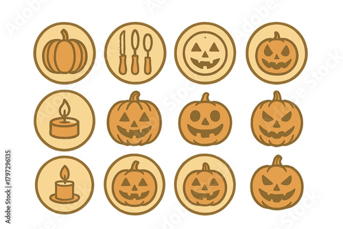 Collection of vintage Halloween icons featuring carved pumpkins, spooky candles, and carving tools