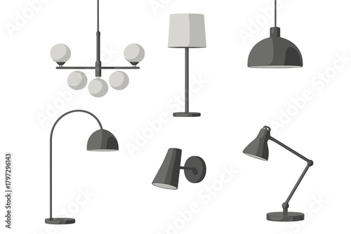 Modern home lighting fixtures assortment including floor, table, and pendant lamps