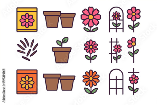 Colorful set of gardening and planting elements including flowers, seed packets, pots, and trellises