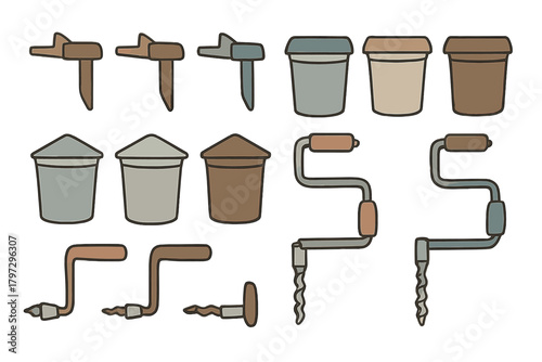 Collection of vintage carpentry hand tools including brace drills, augers, and utility buckets