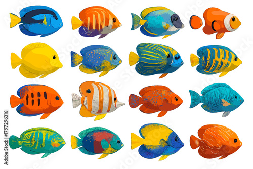 Vibrant collection of diverse tropical reef fish species including clownfish and tangs isolated on white