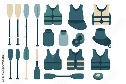 Essential water sports safety equipment collection featuring life vests and various paddles