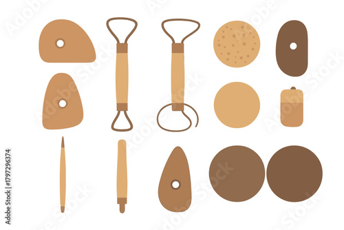 Assortment of essential pottery tools, loop tools, ribs, needles, and sponges
