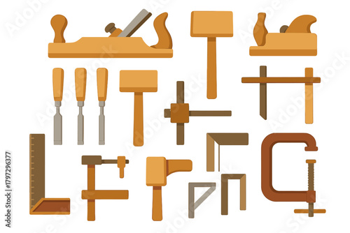 Essential carpentry hand tools collection featuring planes, chisels, mallets, and clamps