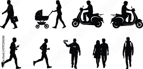 Silhouettes of various people in everyday activities