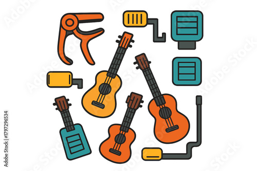 Colorful musical instruments and accessories including ukuleles capos and electronic tuners