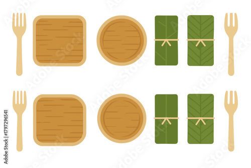 Eco-friendly dining setup with wooden plates, disposable forks, and leaf-wrapped food