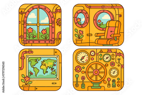 Steampunk submarine interior elements set featuring control panel, captain's chair, and map display