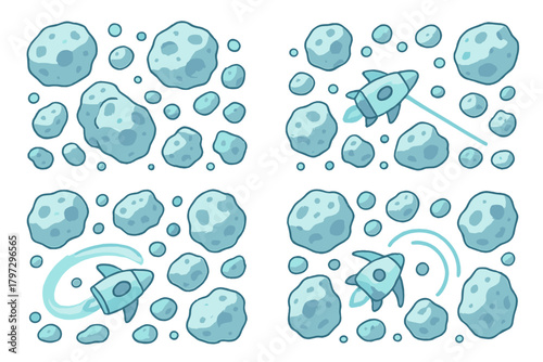 Set of cartoon space rockets navigating an asteroid field showing various actions
