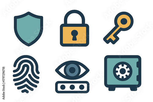 Digital security and data protection icons set featuring shield, padlock, key, fingerprint, and safe symbols