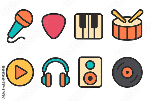 Set of essential audio equipment and musical instrument symbols for digital media interfaces