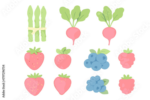Watercolor fresh organic produce set: strawberries, blueberries, radishes, asparagus
