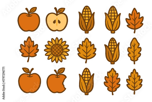 Stylized autumn harvest icons featuring apples corn sunflowers and fall leaves collection