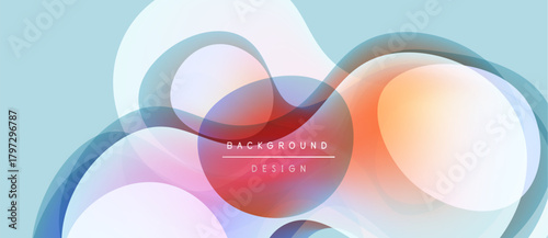 Abstract fluid shapes overlap, creating soft color gradients. Light blue background complements warm orange, pink hues. Modern design element.