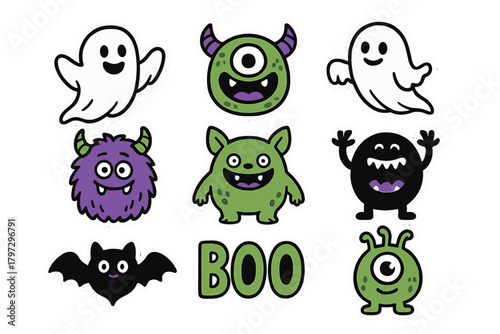 Funny cartoon collection of spooky Halloween characters, ghosts, bats, and colorful monsters