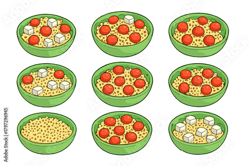 Seamless pattern of healthy grain bowls topped with cherry tomatoes and white cheese cubes