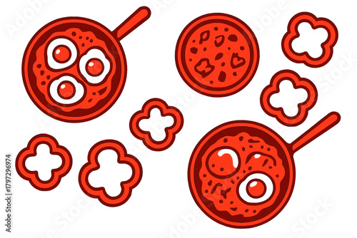 Stylized cooking set featuring fried eggs in frying pans and sliced bell peppers