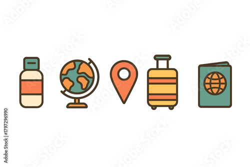 Essential travel and tourism items including passport, luggage, location pin, and globe