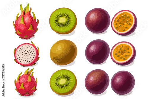 Vibrant tropical fruit assortment with pitaya, kiwi, and passion fruit isolated on white
