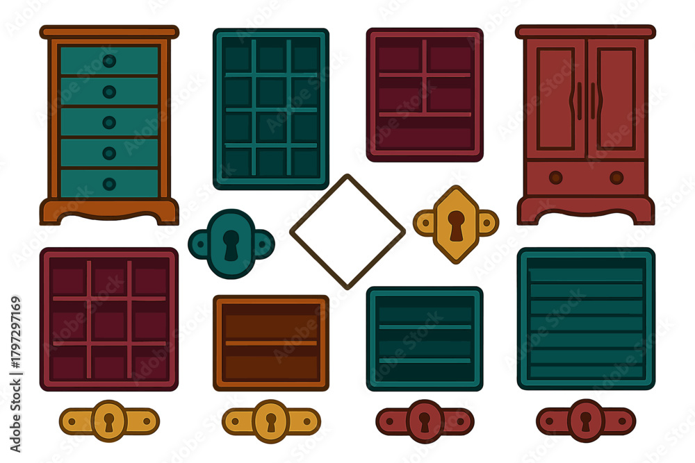 Naklejka premium Classic wooden furniture pieces and decorative keyhole hardware elements for interior design