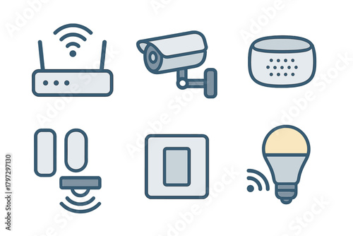 Smart home devices and internet of things technology featuring router security camera and light bulb