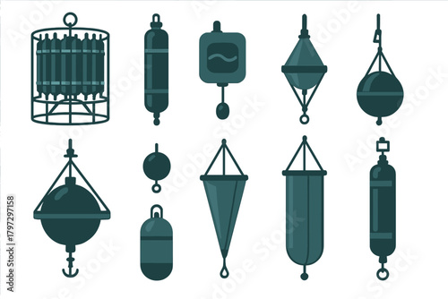 Diverse collection of nautical buoys, fishing floats, and marine markers for water navigation