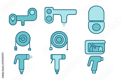 Modern set of bidet sprayers, toilet fixtures, and plumbing elements for bathroom hygiene and sanitation