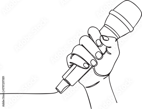 Continuous minimalist one line drawing of a hand holding a microphone in modern line art style — Vector illustration