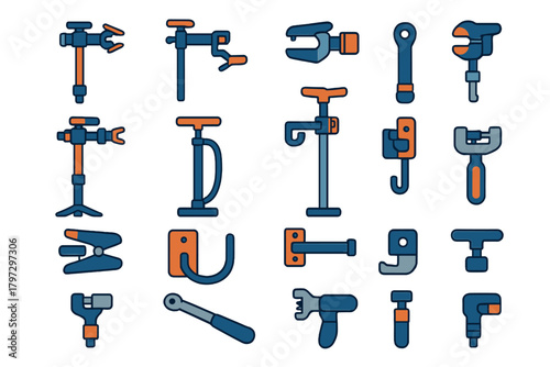 Essential mechanical and plumbing equipment set including clamps, pumps, wrenches, and repair tools