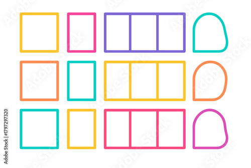 Colorful abstract geometric frames and divided layout shapes arranged in a grid pattern