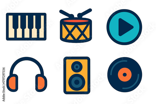 Colorful music and audio equipment symbols including keyboard, drum, headphones, speaker, and vinyl record