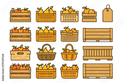 Collection of farm produce containers: wooden crates, plastic baskets, and fresh fruit
