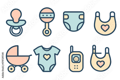 Set of essential baby care items and newborn accessories symbols for childcare