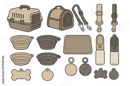 Set of essential accessories for pet travel and outdoor activities including carriers bowls leashes and mats