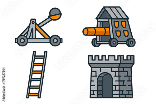 Medieval siege weapons and tools including catapult, battering ram, ladder, and castle tower