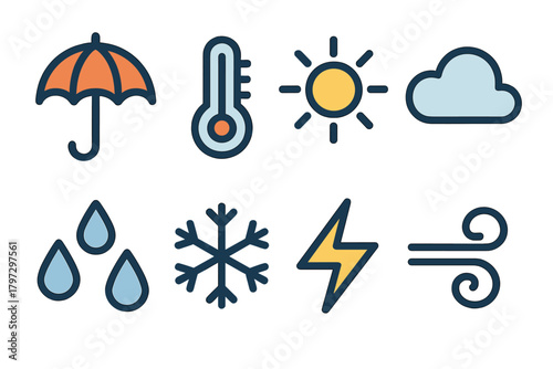 Set of colorful weather forecast symbols including sun, cloud, rain, snow, wind, and temperature