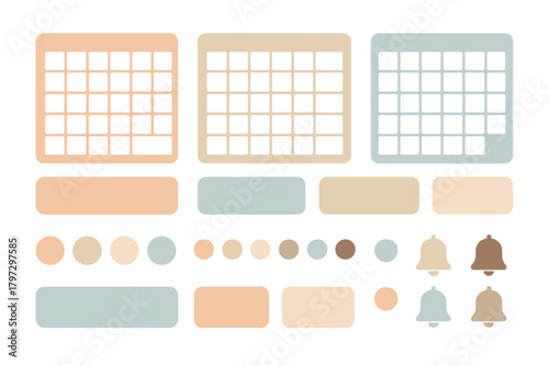 Pastel color palette elements for digital planners featuring calendar grids buttons and notification bells