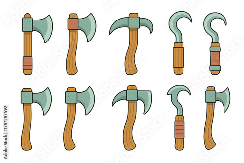 Stylized medieval fantasy tools and weapons set including axes, pickaxes, and hooks