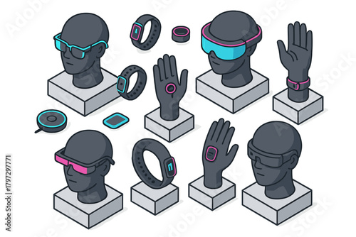 Isometric set of futuristic wearable technology devices including smart glasses and VR headsets