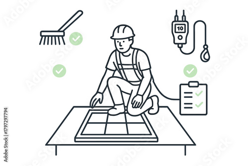 Technician installing solar panel while wearing safety gear and performing quality inspection checks