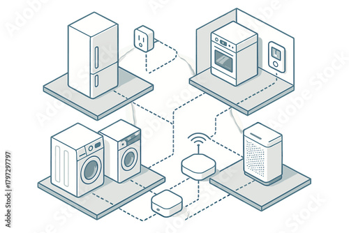 Isometric representation of smart home appliances connected through a central wireless network hub