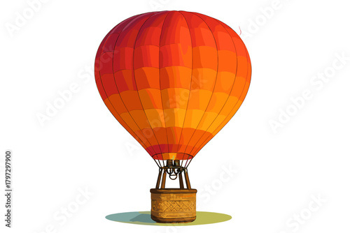 Vibrant orange and red hot air balloon with basket isolated on white background
