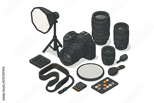 Isometric collection of professional digital camera gear including lenses softbox and accessories