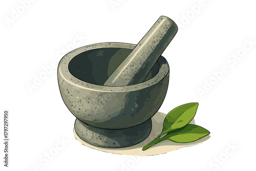 Classic stone mortar and pestle grinding tool with two fresh green herb leaves