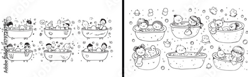 kids bath clipart, bubble bath illustration, bathroom icons, cartoon baby in tub, cute hygiene art, wash time design, child bathing clipart, baby shower vector, self care kids art, playful bathroom sc