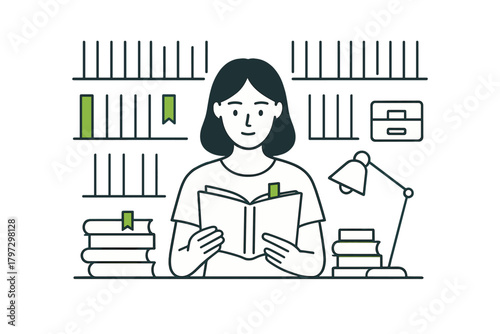 Young woman reading book in library surrounded by literature and bookshelves