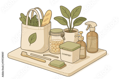 Reusable zero waste products collection including shopping bag and compost bin